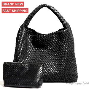 Large Vegan Leather Woven Tote Bag with Clutch, Hobo Style Shoulder Bag